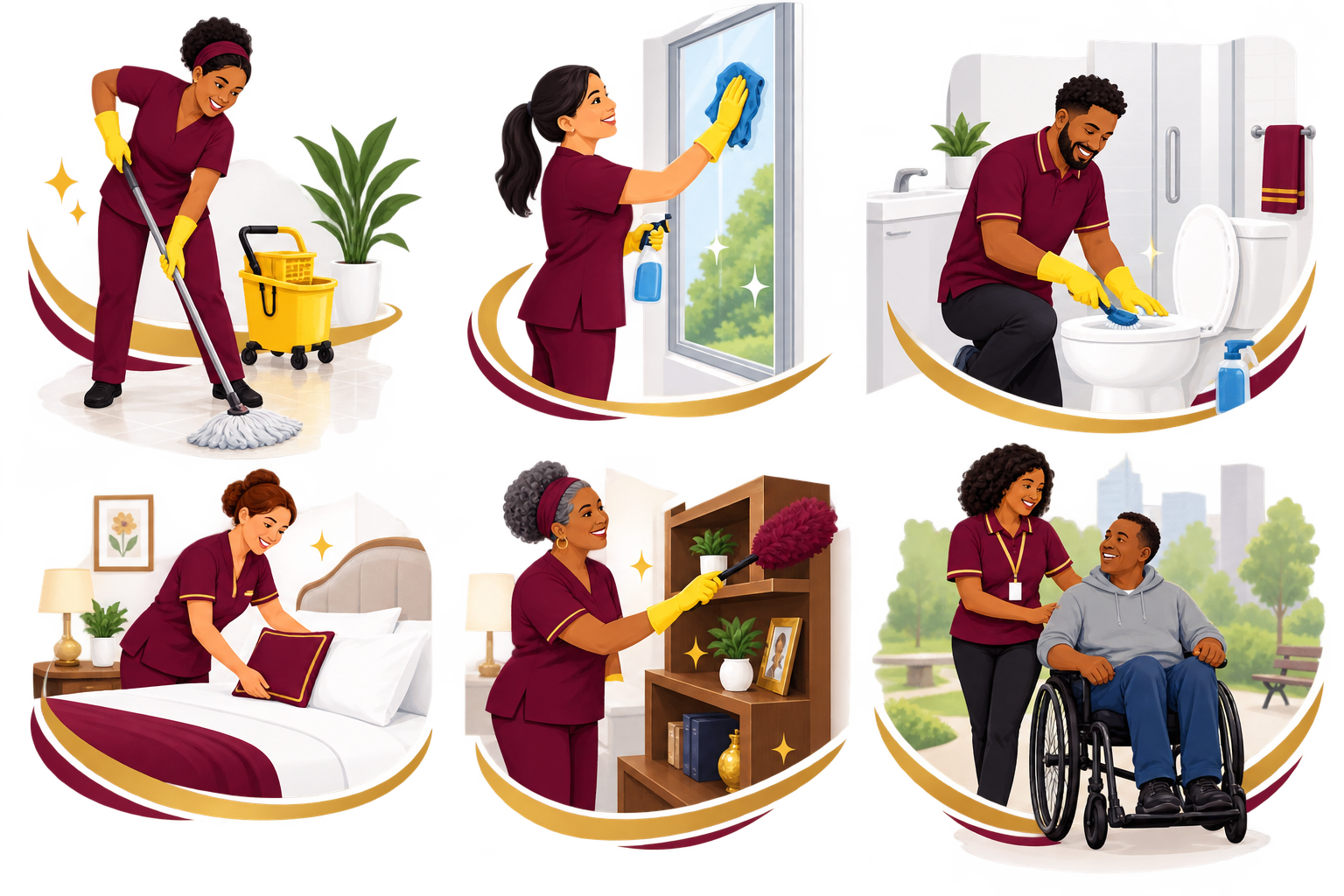 Professional cleaning and inclusive community support illustration